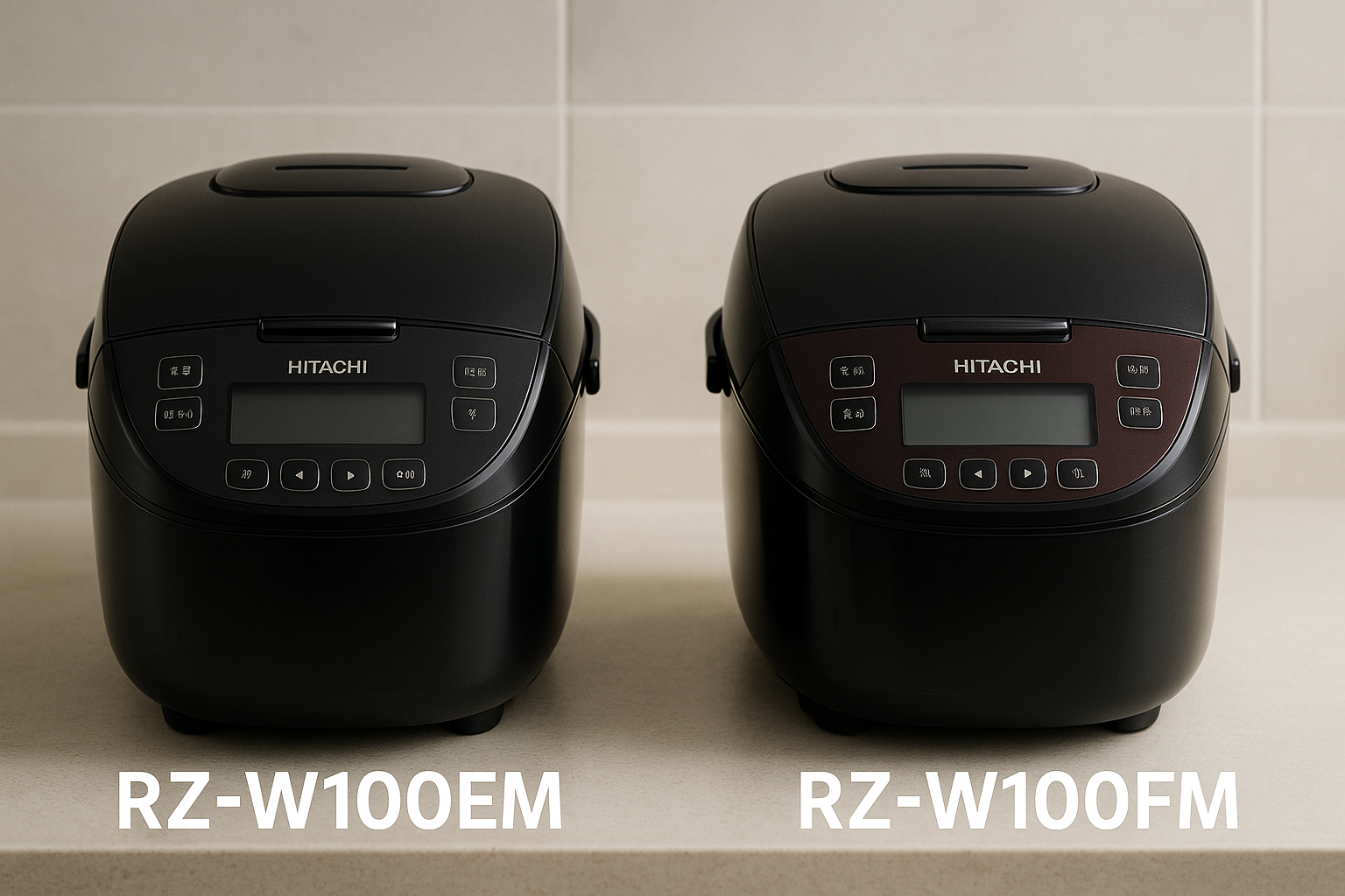 日立の炊飯器RZ-W100EMとRZ-W100FMの2機種を比較したイメージ。キッチンに並んだ高級感あるデザインが特徴。