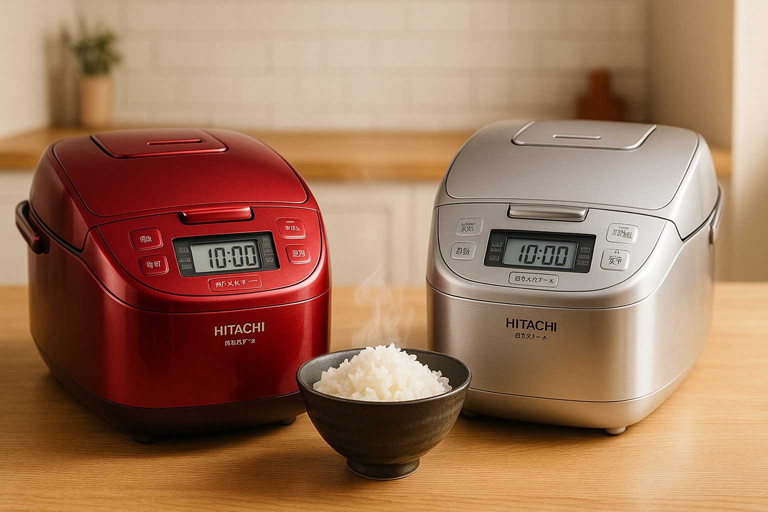 日立炊飯器RZ-H10EJのメタリックレッドとシルバーのモデルが並び、炊きたてご飯から湯気が立ち上るキッチンの様子