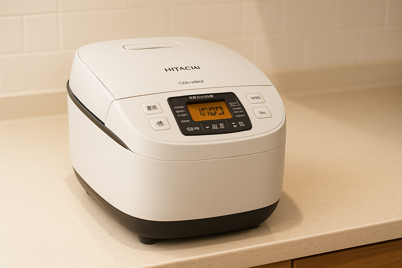 RZ-V100FM炊飯器がキッチンに設置されている様子。スタイリッシュなデザインと清潔感のあるインテリアが特徴。