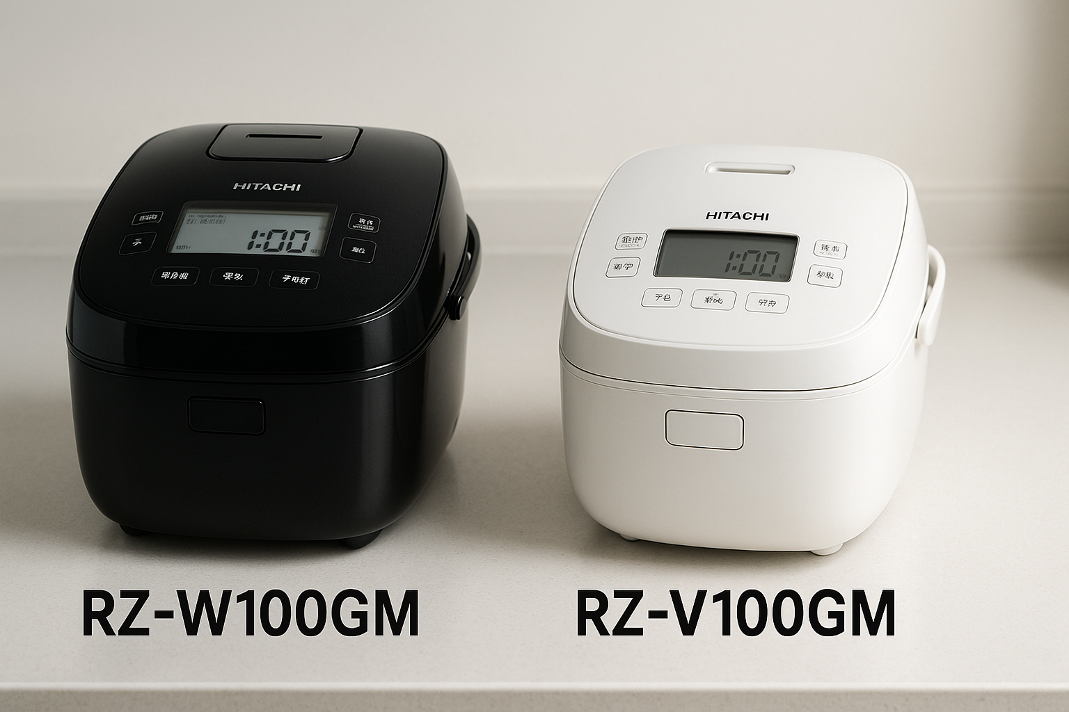 日立の炊飯器「rz-w100gm」と「rz-v100gm」を並べて比較したイメージ画像。デザインやサイズ感の違いがひと目で分かる構図。