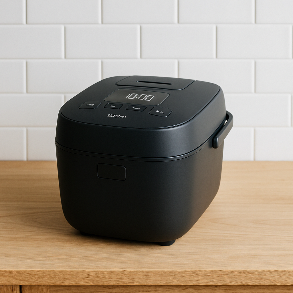 SHK-LS110-B炊飯器が木製キッチンに置かれている様子。マットブラックのデザインが特徴で、シンプルなインテリアに調和している。