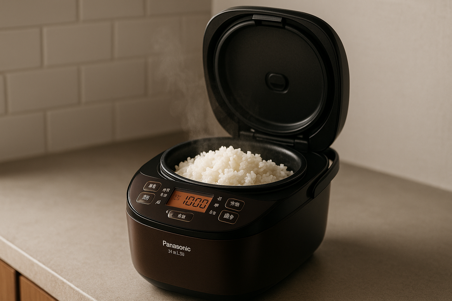 パナソニック炊飯器SR-HVD1010がキッチンに置かれ、炊きたてのご飯から湯気が立ち上る様子