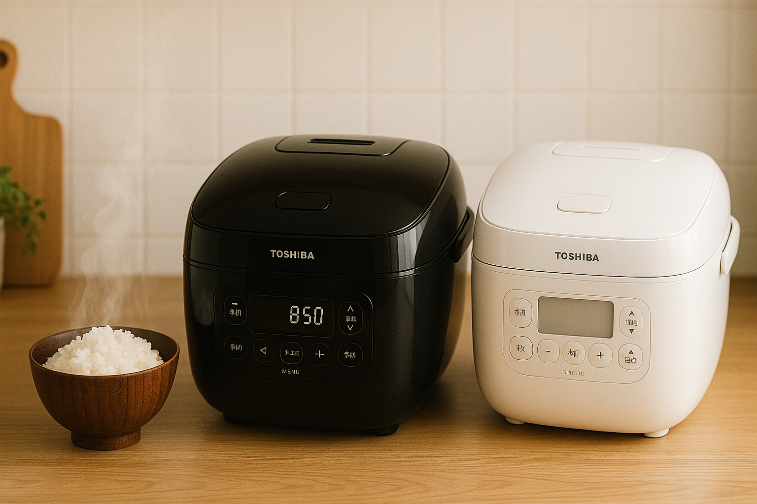 東芝炊飯器RC-10VSVがキッチンに置かれ、炊きたてのご飯から湯気が立ち上る様子。グランブラックとグランホワイトのモデルが並ぶ。