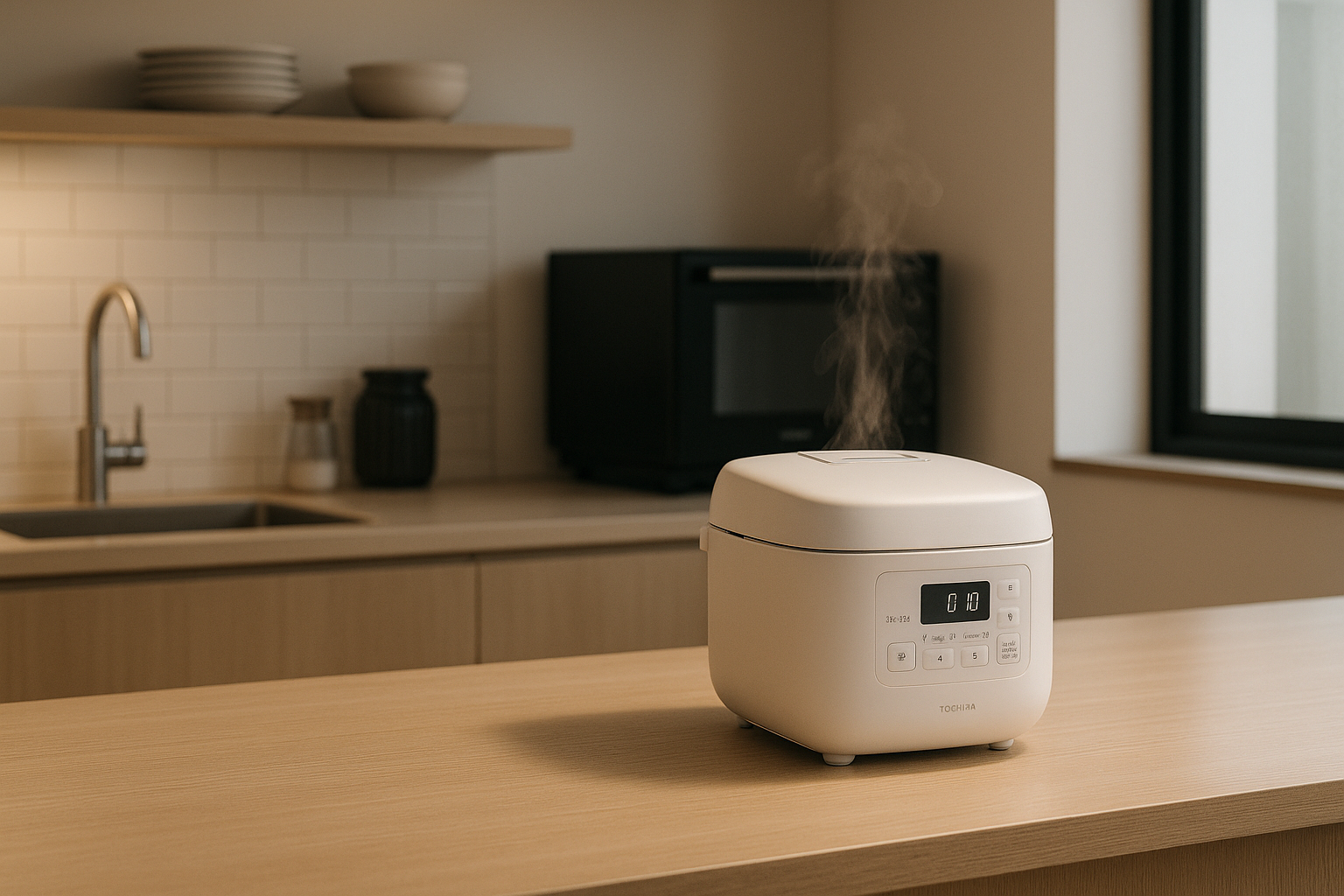 東芝RC-10MGW炊飯器が置かれた現代的なキッチンと炊きたてご飯の湯気