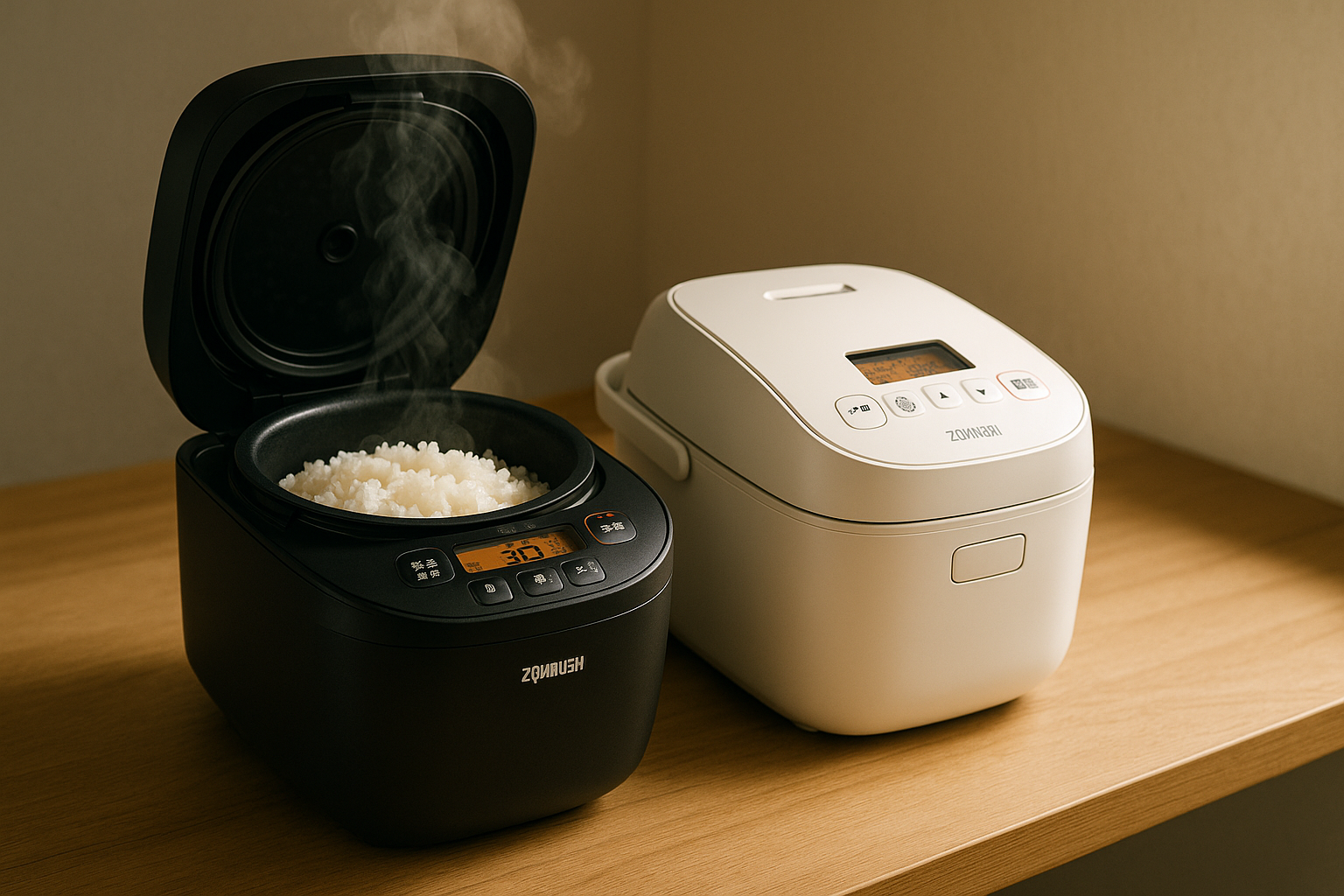 象印炊飯器NW-CB10がキッチンに設置され、炊きたてのご飯から湯気が立ち上る様子。ブラックとホワイトの本体カラーが並ぶ。