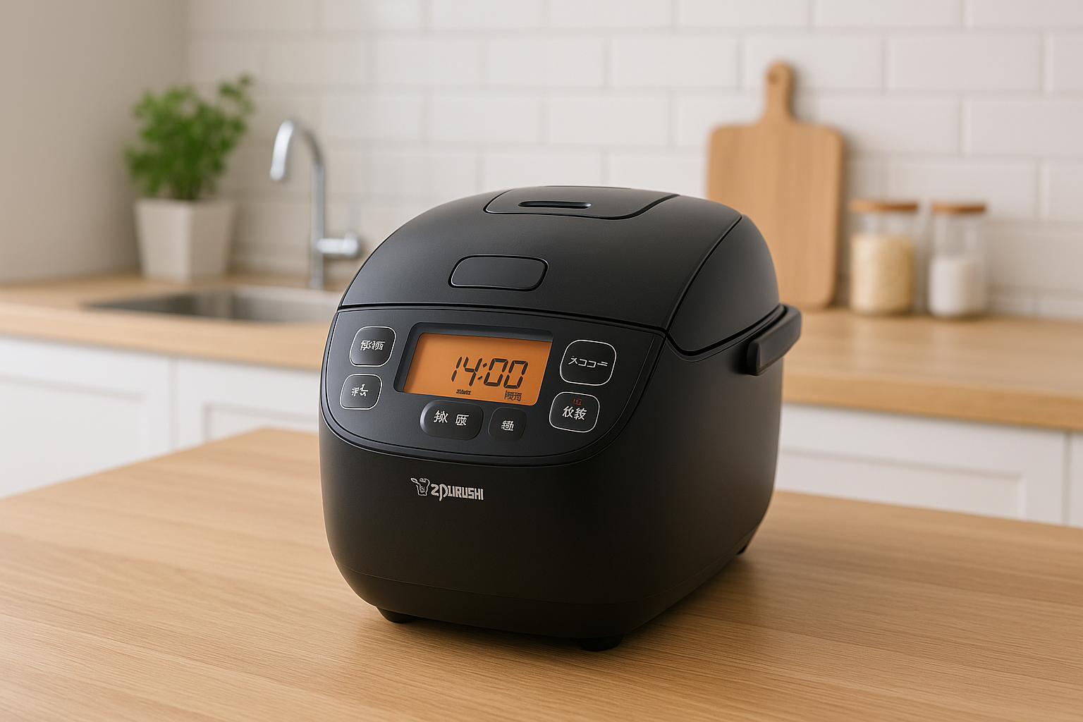 ZojirushiのNW-YA10炊飯器が木製カウンターに置かれたキッチン風景